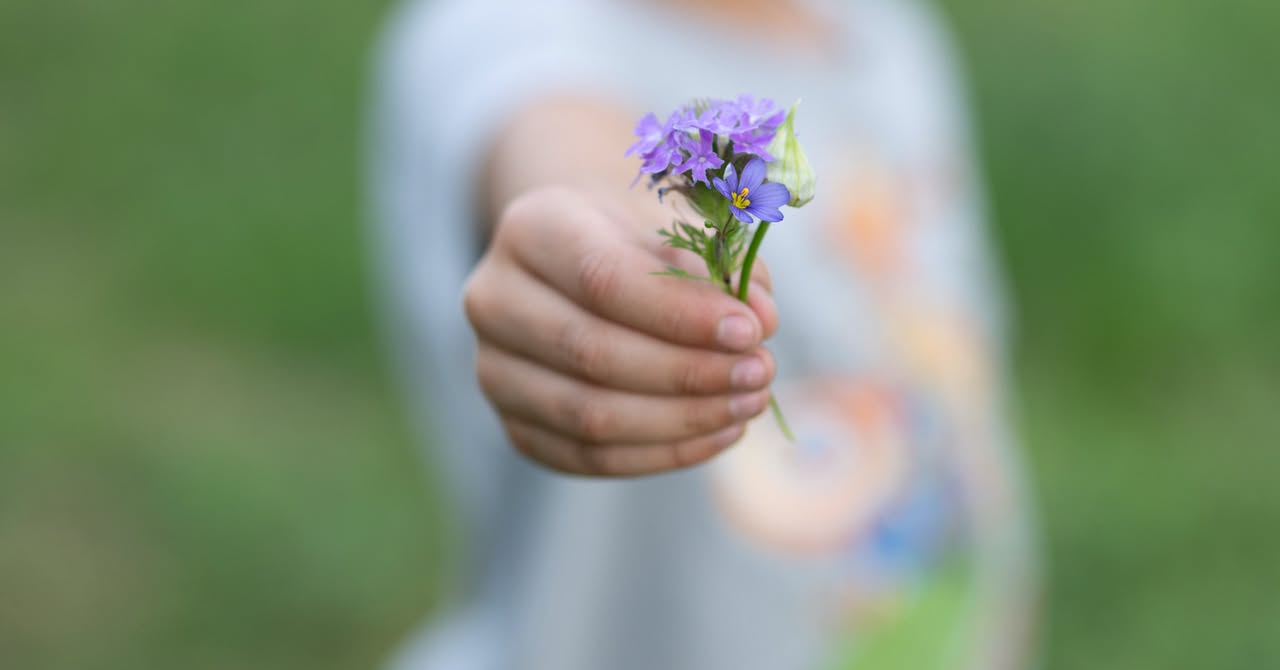 Child holding purple flowers